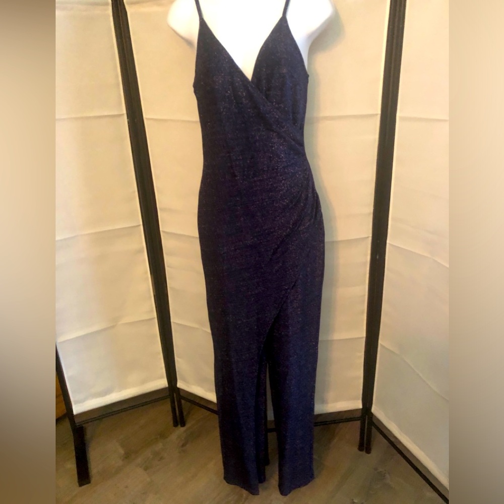 Blue sparkly jumpsuit with wrap detail
